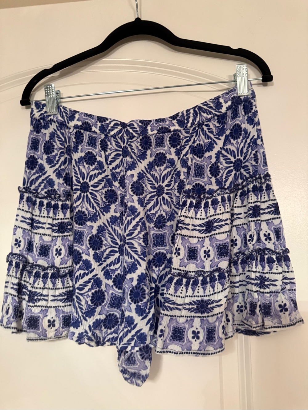 Aqua Blue and White Floral Tiered flowy shorts